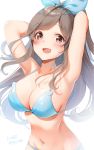  1girl armpits arms_behind_head arms_up bangs bare_shoulders bikini blue_bikini blue_bow blush bow breasts brown_eyes brown_hair cleavage collarbone hair_bow highres idolmaster idolmaster_shiny_colors large_breasts long_hair looking_at_viewer navel open_mouth shiratama_akane simple_background smile solo swept_bangs swimsuit tsukioka_kogane twitter_username waist white_background 