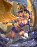  1girl bird bracelet breasts bridal_gauntlets cleavage collar cuboon from_above hair_ornament halterneck hat jewelry large_breasts looking_to_the_side lost_crusade navel necklace official_art parrot parted_lips purple_hair pyramid shorts skindentation solo thigh-highs twintails violet_eyes vortex wings 