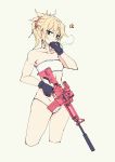  /\/\/\ 1girl absurdres assault_rifle bare_shoulders black_gloves blonde_hair blue_eyes braid cigarette cropped_legs fate/apocrypha fate_(series) fingerless_gloves gloves gun highres kuso_otoko looking_at_viewer m4_carbine mordred_(fate)_(all) no_pants panties ponytail rifle simple_background sketch smoking solo strapless string_panties suppressor trigger_discipline tubetop underwear weapon white_panties yellow_background 