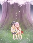  1boy 1girl absurdres bag bandaid bandaid_on_knee bare_shoulders black_hair bomhat book book_on_lap bracelet candy cherry_blossoms child closed_eyes commentary_request couple darling_in_the_franxx dress food grass hand_holding handbag hetero highres hiro_(darling_in_the_franxx) huge_filesize jewelry long_hair no_socks open_book petals pink_hair reincarnation shirt shoes short_hair short_sleeves signature sitting sleeping sleeping_on_person sleeveless sleeveless_dress spoilers translated tree white_dress white_footwear white_shirt zero_two_(darling_in_the_franxx) 