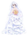  1girl absurdres artist_name bare_shoulders blue_eyes blush bouquet breasts collarbone date_a_live diadem dress flower full_body gloves hair_between_eyes highres holding holding_bouquet looking_at_viewer neps-l short_hair silver_hair simple_background small_breasts smile solo tobiichi_origami veil wedding_dress white_background white_dress white_gloves 