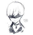  1boy blindfold blush choker facing_viewer flying_sweatdrops greyscale highres male_focus mochizuki_kei monochrome nier_(series) nier_automata parted_lips portrait simple_background sketch smile solo speech_bubble white_background yorha_no._9_type_s 