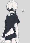  1boy black_blindfold black_choker black_shirt black_shorts blindfold character_name choker closed_mouth contrapposto covered_eyes facing_viewer grey_background greyscale highres male_focus mochizuki_kei monochrome nier_(series) nier_automata shirt short_shorts short_sleeves shorts simple_background solo standing yorha_no._9_type_s 