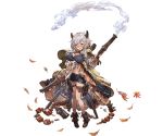  1girl bangs blue_shorts blush boots breasts brown_footwear bullet camieux full-face_blush granblue_fantasy grey_hair holding holding_weapon horns leaf looking_at_viewer minaba_hideo short_hair shorts smoke solo transparent_background v-shaped_eyebrows weapon 
