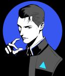  1boy blue_background commentary connor_(detroit) detroit:_become_human english_commentary fingernails hand_up jacket kanapy limited_palette looking_at_viewer male_focus parted_lips red_eyes solo upper_body 