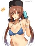  1girl amakaze bikini black_bow blue_bikini blush bow breasts brown_eyes brown_hair eyebrows_visible_through_hair food hair_bow hat ice kantai_collection looking_at_viewer low_twintails medium_breasts open_mouth papakha russian_clothes simple_background solo star swimsuit tashkent_(kantai_collection) twintails twitter_username white_background 