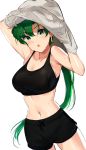  1girl bare_arms bare_shoulders blush breasts cleavage collarbone crop_top fire_emblem fire_emblem:_rekka_no_ken fire_emblem_heroes green_eyes green_hair high_ponytail highres long_hair looking_at_viewer lyndis_(fire_emblem) midriff ormille ponytail sleeveless solo sweat tank_top 