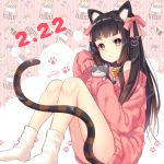  1girl :&lt; animal animal_ears bare_shoulders bell blush bow brown_eyes brown_hair cat cat_ears cat_girl cat_tail closed_mouth hair_bow hair_ornament heart heart_hair_ornament jingle_bell long_hair long_sleeves looking_at_viewer no_shoes nunucco off_shoulder original pink_bow pink_sweater signature sitting sleeves_past_fingers sleeves_past_wrists socks solo striped striped_background striped_tail sweater tail tail_censor tail_raised vertical-striped_background vertical_stripes very_long_hair white_legwear 