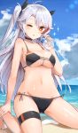  1girl antenna_hair azur_lane bangs barefoot beach bikini black_bikini black_choker black_ribbon blue_sky bottle breasts choker clouds day flag_print full_body german_flag german_flag_bikini groin highlights highres iron_cross kneeling mole mole_on_breast multicolored_hair outdoors prinz_eugen_(azur_lane) ribbon side-tie_bikini silver_hair sky solo streaked_hair swept_bangs swimsuit thigh_strap two_side_up xenonstriker 