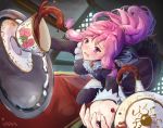  1girl alternate_costume apron blush breasts dress dropping enmaided fingerless_gloves fire_emblem fire_emblem:_seima_no_kouseki frills gloves ippers long_hair looking_at_viewer maid maid_apron maid_headdress marica_(fire_emblem) medium_breasts open_mouth pink_hair ponytail purple_hair solo tea tears violet_eyes waist_apron weapon 