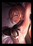  1girl :d arm_up armpits blush brown_hair cape clarisse_(granblue_fantasy) gloves granblue_fantasy green_eyes hair_ribbon highres open_mouth ponytail ribbon sleeveless smile solo ulrich_(tagaragakuin) w 