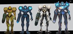  1girl alternate_form arm_cannon border claws dark_samus dual_persona feet full_body glowing glowing_armor glowing_eyes highres light_suit looking_at_viewer metroid metroid_prime_2:_echoes power_armor reflection samus_aran standing teke varia_suit weapon 