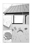  1girl 5koma absurdres ahoge bangs bed blanket book bookshelf comic commentary_request curtains girls_und_panzer highres monochrome pillow rooftop sono_midoriko translation_request window 