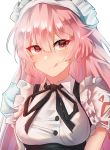  1girl bangs black_ribbon breasts closed_mouth crumbs eyebrows_visible_through_hair food food_on_face frilled_sleeves frills girls_frontline highres long_hair looking_at_viewer maid_cap maid_dress maid_headdress ntw-20_(girls_frontline) pink_eyes pink_hair ribbon solo tongue tongue_out user_ysyp7383 very_long_hair 