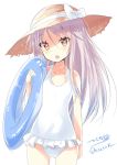  blush bow eyebrows_visible_through_hair hair_between_eyes hat hat_bow highres hizaka kantai_collection kikuzuki_(kantai_collection) long_hair looking_at_viewer open_mouth red_eyes silver_hair simple_background straw_hat swimsuit white_background white_bow 