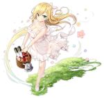  1girl adapted_costume apple azur_lane bangs bare_arms bare_legs basket blonde_hair blush bow bracelet braid breasts cannon choker cleavage collarbone dress dutch_angle eyebrows_visible_through_hair floating flower food forbin_(azur_lane) frilled_dress frills fruit full_body grass green_eyes hair_bow hair_ornament holding holding_basket jewelry large_breasts long_hair looking_at_viewer mary_janes official_art petals picnic_basket see-through shiny shiny_skin shoes smile solo standing strap torpedo transparent_background turret v_arms white_bow white_dress wind wind_lift yano_mitsuki 