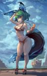  1girl animal_ears armpits artist_name bare_shoulders bikini blade_&amp;_soul blue_eyes breasts clouds cloudy_sky collarbone cutesexyrobutts drink drinking_straw green_hair highres looking_at_viewer medium_breasts navel one_eye_closed open_mouth parted_lips platform_footwear red_bikini ship signature sky solo swimsuit tail thighs watercraft 
