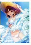  1girl absurdres artist_name bikini blue_sky brown_eyes brown_hair clouds cloudy_sky day earrings hat highres jacket jewelry long_sleeves looking_at_viewer open_mouth outdoors scan sky smile solo straw_hat sun_hat swimsuit toranoana wading water white_bikini zipper zipper_pull_tab 