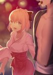  1boy 1girl :d absurdres bangs black_bow black_hair blonde_hair blunt_bangs blurry blurry_background bow brown_eyes collarbone dango eyebrows_visible_through_hair fate/grand_order fate_(series) food hair_between_eyes hair_bow hakama highres japanese_clothes kimono mouth_hold okita_souji_(fate) okita_souji_(fate)_(all) open_mouth pink_kimono ponytail red_hakama short_hair smile wagashi xue_fengzi 