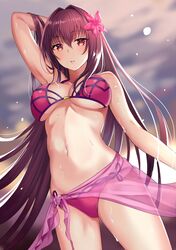  1girl arm_at_side arm_up armpits bikini blurry blurry_background breasts cleavage commentary_request cowboy_shot depth_of_field dutch_angle eyebrows_visible_through_hair fate/grand_order fate_(series) flower hair_flower hair_ornament harimoji large_breasts long_hair navel outdoors parted_lips pink_bikini purple_hair sarong scathach_(fate)_(all) scathach_(fate/grand_order) scathach_(swimsuit_assassin)_(fate) sidelocks solo swimsuit under_boob very_long_hair violet_eyes wet 