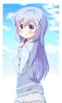  1girl blue_eyes blue_hair blue_sky blue_sweater blush day deyui eyebrows_visible_through_hair from_side gochuumon_wa_usagi_desu_ka? grey_skirt hair_between_eyes hair_ornament highres index_finger_raised kafuu_chino long_hair looking_at_viewer outdoors pleated_skirt shiny shiny_hair skirt sky solo standing sweater very_long_hair x_hair_ornament 