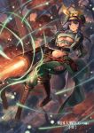  1girl blue_eyes blue_hair breasts cannon cuboon fire hat large_breasts long_hair navel official_art sengoku_taisen solo under_boob 