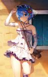  1girl adjusting_eyewear against_wall alternate_costume arm_up bag bare_shoulders blue_eyes blue_hair breasts choker cleavage collarbone cosplay detached_sleeves dress emilia_(re:zero) emilia_(re:zero)_(cosplay) eyewear_on_head flower hair_flower hair_ornament hair_over_one_eye leaning_back leg_up looking_at_viewer medium_breasts pink_ribbon re:zero_kara_hajimeru_isekai_seikatsu rem_(re:zero) ribbon satchely short_hair shoulder_bag skirt smile solo summer tile_wall tiles white_dress white_skirt x_hair_ornament 