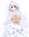 1girl absurdres artist_name bare_shoulders blue_eyes blush bouquet breasts collarbone commentary_request date_a_live diadem dress flower gloves hair_between_eyes highres holding holding_bouquet looking_at_viewer neps-l short_hair silver_hair simple_background small_breasts smile solo tobiichi_origami veil wedding_dress white_background white_dress white_gloves 