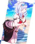  2girls alternate_costume bangs beach bending_forward bikini blue_sky blunt_bangs breast_hold breasts carmilla_(fate/grand_order) cleavage clouds cloudy_sky cravat day eyebrows_visible_through_hair eyewear_on_head fate/grand_order fate_(series) fingernails halterneck high_ponytail highres innertube jeweled_cravat jewelry kneeling kurogiri large_breasts long_fingernails long_hair looking_at_viewer midriff multiple_girls navel ocean open_mouth outdoors ponytail red_bikini red_swimsuit sand sarong side-tie_bikini silver_hair sky slit_pupils solo summertime_mistress_(fate/grand_order) sunglasses swimsuit tamamo_(fate)_(all) tamamo_no_mae_(swimsuit_lancer)_(fate) towel water waves waving wavy_hair yellow_eyes 