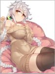  1girl blush border braid breasts brown_legwear brown_pants brown_sweater closed_mouth eyebrows_visible_through_hair grey_border grey_hair hand_up huge_breasts inflatable_chair kantai_collection light_brown_eyes long_hair long_sleeves looking_at_viewer pants simple_background sitting sleeves_past_wrists solo sweater sweater_vest thigh-highs unryuu_(kantai_collection) very_long_hair white_background yamaarashi 