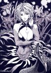  1girl artist_name bare_shoulders breasts cleavage commentary_request detached_sleeves flower greyscale highres jewelry large_breasts looking_at_viewer millipen_(medium) monochrome original plant plant_girl short_hair signature smile solo traditional_media upper_body yukinbo78 