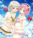  2girls artist_name ass bare_arms bare_shoulders bikini black_hairband blue_bikini blue_sky breasts butt_crack cleavage clouds collarbone commentary_request day dutch_angle eyebrows_visible_through_hair frilled_bikini frills green_eyes hair_ornament hairband hairclip halterneck hand_holding haruki_(colorful_macaron) heart heart_hair_ornament highleg highleg_bikini highres interlocked_fingers komeiji_koishi komeiji_satori looking_at_viewer medium_breasts multiple_girls navel no_hat no_headwear open_mouth outdoors pink_eyes pink_hair short_hair siblings silver_hair sisters sky smile stomach swimsuit thighs third_eye touhou twitter_username water water_drop x_hair_ornament yellow_bikini 