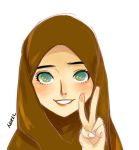  1girl absurdres artist_name eyelashes green_eyes highres hijab lips looking_at_viewer muslim nurel original parted_lips simple_background smile solo v white_background 