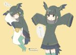  1girl arms_up bangs bird_wings black_eyes blush body_pillow check_translation commentary_request fur_collar green_hair green_ibis_(kemono_friends)_(petit_ramune) hasu_(zatsugami) head_wings kemono_friends long_sleeves multiple_views neck_ribbon original oversized_clothes pleated_skirt ribbon sidelocks skirt sleeping sleeves_past_wrists solo thigh-highs translated wings zzz 