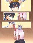  1boy 1girl black_cloak black_hair blue_eyes bomhat child cloak comic commentary couple crown darling_in_the_franxx english_commentary green_eyes hetero highres hiro_(darling_in_the_franxx) holding holding_crown hood hooded_cloak horns long_hair looking_at_another oni_horns parka pink_hair prince red_horns red_pupils red_sclera red_skin short_hair zero_two_(darling_in_the_franxx) 