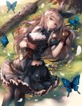  1girl blonde_hair blue_butterfly breasts bug butterfly highres inaba_sunimi insect long_hair looking_at_viewer original solo 