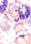  1girl animal_ears arm_up azur_lane bangs blue_neckwear blue_panties blush cheerleader clothes_writing commentary_request crop_top dutch_angle eyebrows_visible_through_hair gluteal_fold hair_between_eyes hand_on_hip laffey_(azur_lane) mayuzaki_yuu navel one_eye_closed panties parted_lips pleated_skirt pom_poms rabbit_ears red_eyes shirt silver_hair skirt sleeveless sleeveless_shirt solo twintails underwear white_shirt white_skirt 
