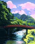  blue_sky bridge clouds cloudy_sky commentary copyright_request day english_commentary grass highres ilya_kuvshinov no_humans oriental_umbrella outdoors red_umbrella river scenery sky umbrella water 