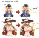  2girls :d absurdres bikini black_bow blonde_hair blue_eyes blue_hat blue_jacket blush bow breasts character_name collared_shirt commentary directional_arrow english_commentary eyebrows_visible_through_hair firing flat_chest girls_frontline hat hat_bow highres huge_breasts ithaca_m37_(girls_frontline) jacket kion-kun long_hair long_sleeves looking_at_viewer multiple_girls navel necktie onomatopoeia open_clothes open_jacket open_mouth orange_eyes pun red_neckwear shirt simple_background smile sun_hat super_shorty_(girls_frontline) swimsuit two_side_up vest white_background white_bikini white_hat white_shirt wide_sleeves wing_collar 