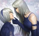 2girls android black_clothes black_gloves blue_eyes branch elbow_gloves eye_contact gloves hairband half-closed_eyes hand_on_another&#039;s_chin imminent_kiss looking_at_another multiple_girls nier_(series) nier_automata open_mouth puffy_sleeves robot_joints short_hair silver_hair upper_body watanabe_yasuaki yorha_no._2_type_b yorha_type_a_no._2 yuri 