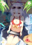  1girl bag ball bare_arms bare_shoulders beachball bikini blurry_foreground blush bow breasts cleavage collarbone commentary_request eyewear_on_head fate/grand_order fate_(series) feet_out_of_frame flower from_above gluteal_fold hair_between_eyes hair_ribbon handheld_game_console hat highres holding igakusei innertube large_breasts looking_at_viewer looking_up navel nintendo_3ds nintendo_switch open_mouth playstation_vita ponytail red_eyes red_ribbon ribbon sarong see-through shadow silver_hair sitting smile solo stomach sun_hat sunglasses sweatdrop swimsuit tablet_pc thighs tomoe_gozen_(fate/grand_order) umbrella white_bikini white_flower yellow-framed_eyewear yellow_bow 