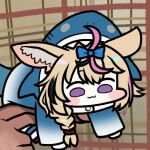  1girl :3 animal_ear_fluff animal_ears animal_hood blonde_hair blue_bow blush_stickers bow braid chibi commentary cosplay fox_ears gawr_gura gawr_gura_(cosplay) hair_bow hololive hood jazz_jack lowres minigirl omaru_polka photo-referenced shark_hood smile solo_focus violet_eyes virtual_youtuber 