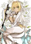  1girl aestus_estus ahoge asle belt bodysuit breasts bridal_veil center_opening chains commentary_request eyebrows_visible_through_hair fate/extra fate/extra_ccc fate_(series) flower from_side full-length_zipper green_eyes hair_between_eyes hair_intakes head_wreath large_breasts leotard lily_(flower) lock loose_belt nero_claudius_(bride)_(fate) nero_claudius_(fate)_(all) open_mouth padlock showgirl_skirt sitting strapless strapless_leotard sword unzipped veil weapon white_bodysuit white_leotard wreath zipper zipper_pull_tab 