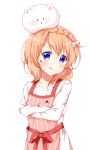  1girl :q animal animal_on_head apron blonde_hair blush bunny_on_head chocolate chocolate_on_face collarbone crossed_arms deyui food food_on_face gochuumon_wa_usagi_desu_ka? hair_between_eyes hair_bobbles hair_ornament highres hoto_cocoa long_hair looking_at_viewer on_head pink_apron rabbit red_ribbon ribbon shiny shiny_hair shirt solo tippy_(gochiusa) tongue tongue_out transparent_background upper_body vertical-striped_apron violet_eyes white_shirt 