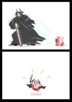  1boy 2koma armor black_cloak comic commentary_request eiri_(eirri) fate/grand_order fate_(series) glowing glowing_eyes horns king_hassan_(fate/grand_order) kirby kirby_(series) nintendo open_mouth skull skull_mask spikes sword transformation weapon white_background 