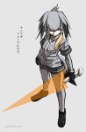  1girl crossover energy_sword from_above grey_background grey_hair highres holding holding_sword holding_weapon i.takashi kemono_friends leggings rockman rockman_zero shoebill_(kemono_friends) short_shorts shorts solo sword translation_request v-shaped_eyebrows weapon yellow_eyes 