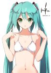  1girl :o aqua_hair artist_name bare_shoulders bikini bikini_top blush character_name collarbone commentary_request eyebrows_visible_through_hair flat_chest green_eyes hatsune_miku highres long_hair navel open_mouth simple_background solo swimsuit takepon1123 twintails upper_body very_long_hair vocaloid white_background white_bikini 