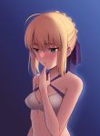  1girl ahoge artoria_pendragon_(all) bangs bare_arms bare_shoulders bikini blonde_hair blue_background blush boa_(brianoa) breasts criss-cross_halter embarrassed eyebrows_visible_through_hair fate/stay_night fate_(series) finger_to_mouth green_eyes hair_bun hair_ribbon half-closed_eyes halterneck hand_up highres nose_blush parted_lips purple_ribbon ribbon saber sidelocks small_breasts solo swimsuit upper_body white_bikini 
