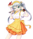  1girl :d apron banana_slice blue_eyes breasts eyepatch food fruit grey_hair grimoire_~shiritsu_grimoire_mahou_gakuen~ hair_ornament hand_up holding holding_tray long_hair looking_at_viewer maid medium_breasts open_mouth orange_skirt parfait short_sleeves skirt smile solo standing strawberry teina tray twintails waitress whipped_cream wristband 