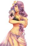  1girl bikini breasts fire_emblem fire_emblem_heroes fire_emblem_if flower hair_flower hair_ornament hair_over_one_eye highres large_breasts purple_hair simple_background smile solo swimsuit violet_eyes water water_drop wavy_hair white_background 